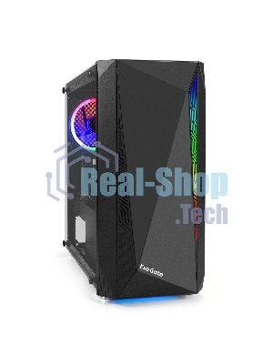 Компьютерный корпус Minitower ExeGate Mistery R2-NPX600 (mATX, БП 600NPX с вент. 12 см, 2*USB+1*USB 3.0, аудио, черный, 1 вент. 12см с RGb подсветкой и полоса на передней панели, боковая панель - закаленное стекло)