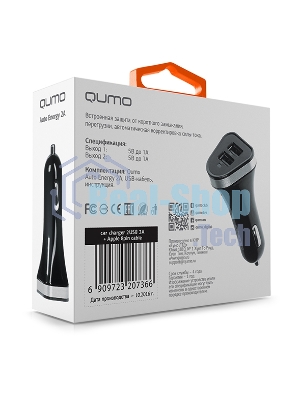 Автомобильное зарядное устройство QUMO 2A, 2 USB, 1A+1A черный, кабель Apple 8 pin в комплекте
