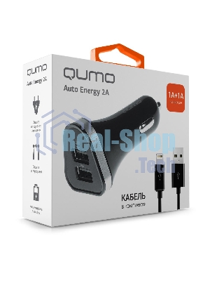 Автомобильное зарядное устройство QUMO 2A, 2 USB, 1A+1A черный, кабель Apple 8 pin в комплекте