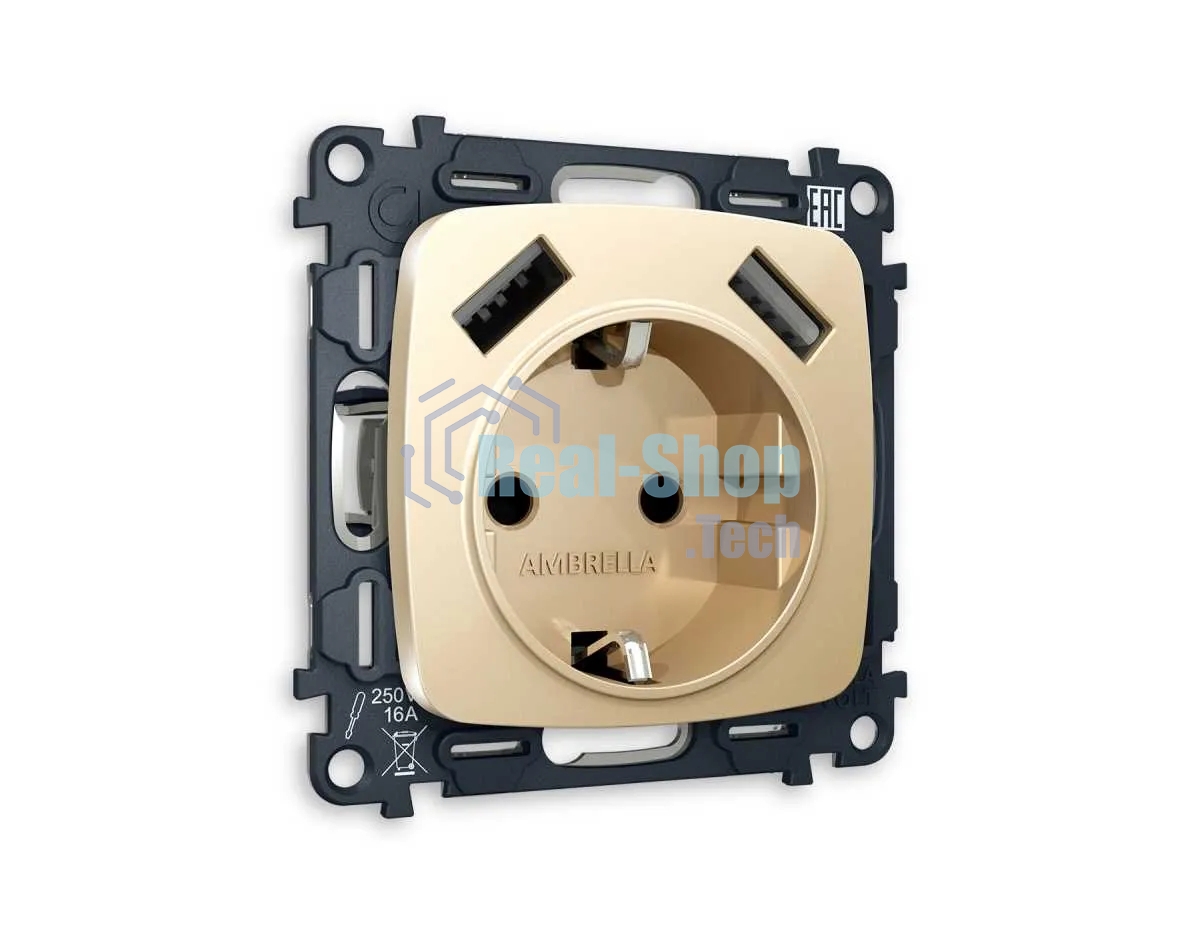 Комплект механизма электрической розетки OMEGA Шампань 2USB A+A 18W (быстрая зарядка) с/з QUANT (OP6090, VM155) MO609010