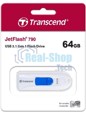 Флешка USB Transcend JetFlash 790 (TS64GJF790W), 64Gb, USB 3.0, R/W 70/25, белый/синий