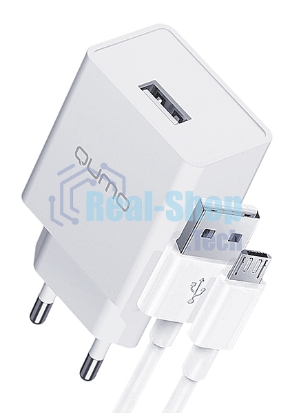 Сетевое зарядное устройство Qumo Energy light 10Вт, (модель 0103), порт: USB-A, + кабель PVC 1м. USB-A на MicroUSB, белый