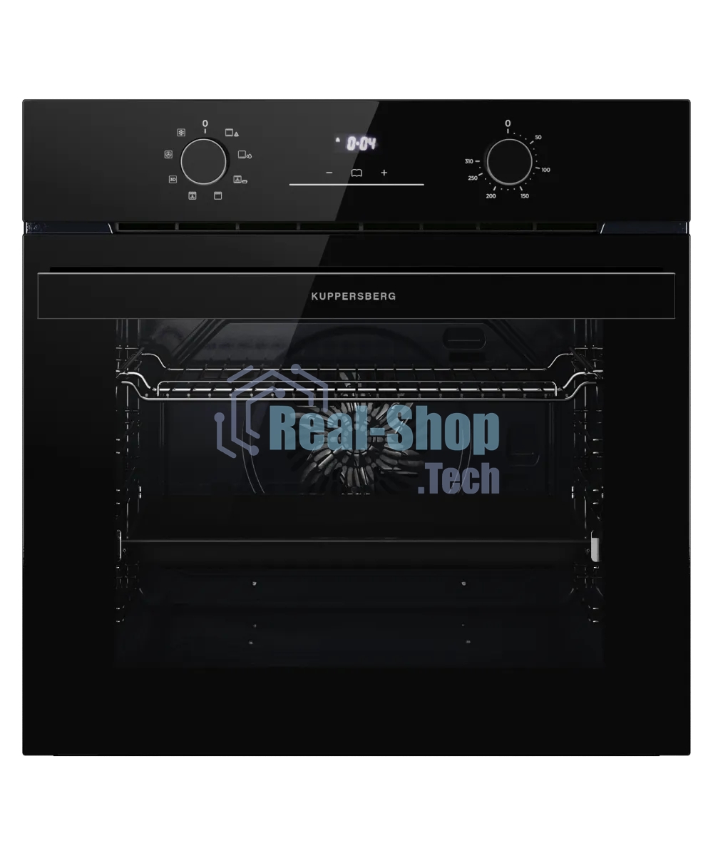 Духовой шкаф Kuppersberg HO 608 Black Glass, High-Tech, 78 л, поворотное управление, дисплей, таймер, 8 режимов, макс. температура 310 градусов, телескопические направляющие (на 1 уровень), цвет черный, цвет фурнитуры черный