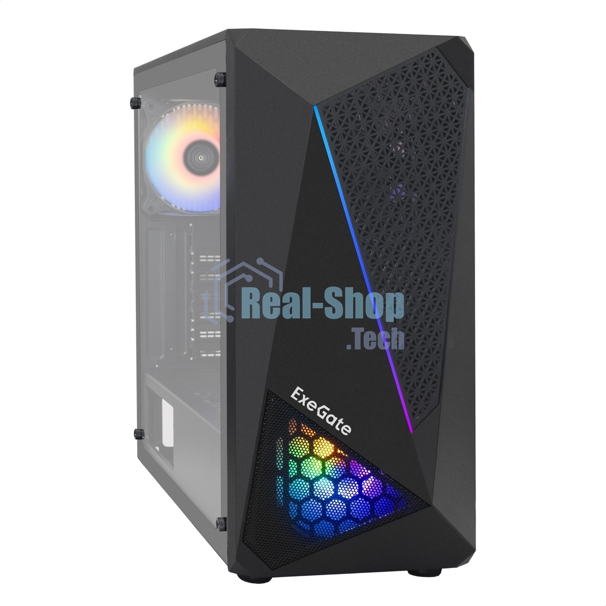 Компьютерный корпус Miditower ExeGate EVO-8225-NPX600 (ATX, БП 600NPX с вент. 12см, 2хUSB+1хUSB 3.0, черный, 2 вент. с RGb подсветкой и полоса на передней панели, боковая панель - закаленное стекло)