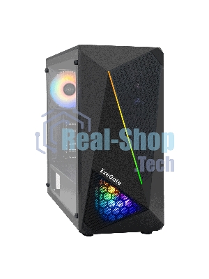 Компьютерный корпус Miditower ExeGate EVO-8225-NPX600 (ATX, БП 600NPX с вент. 12см, 2хUSB+1хUSB 3.0, черный, 2 вент. с RGb подсветкой и полоса на передней панели, боковая панель - закаленное стекло)