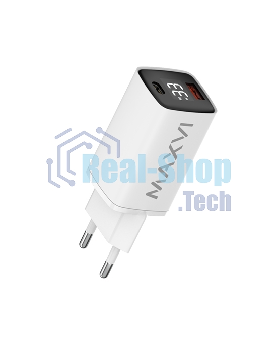Сетевое зарядное устройство Maxvi A402PD LED 33W, 1xUSB-A, 1xUSB-C, белый