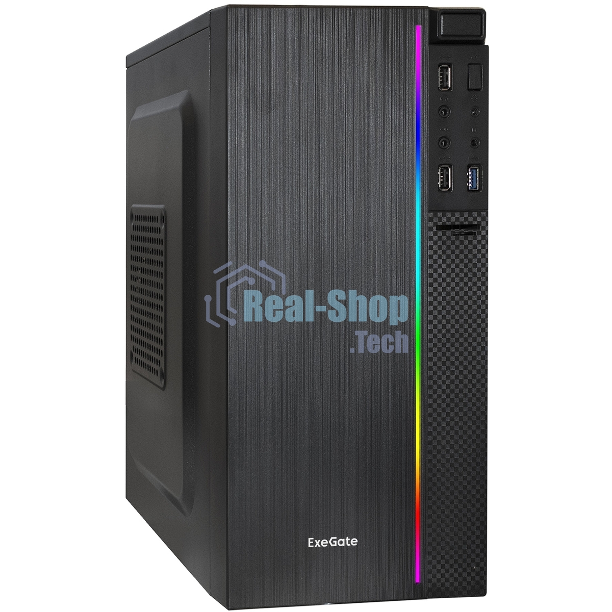 Компьютерный корпус Minitower ExeGate mEVO-9302-RGb-500W-12 (mATX, БП 500NPX с вент. 12см, 2хUSB+1хUSB 3.0, HD аудио, черный с RGb подсветкой)