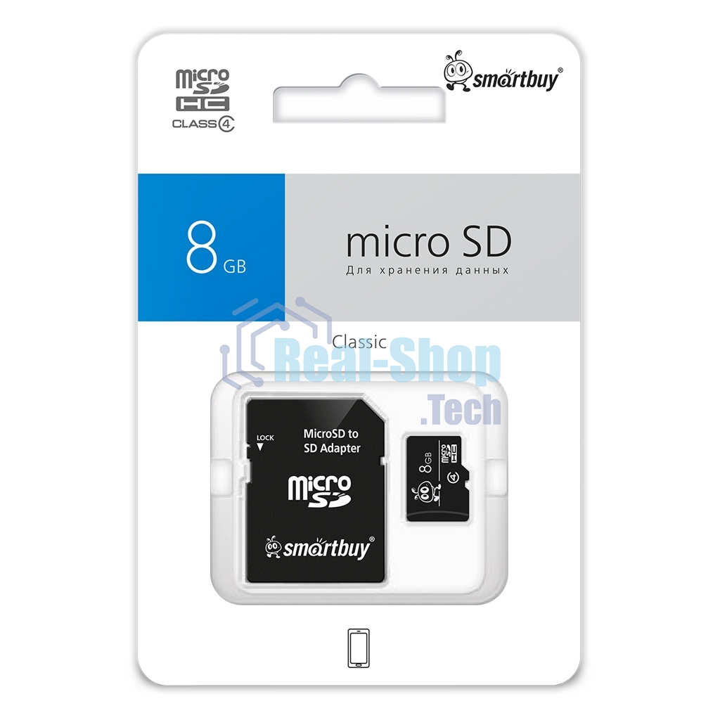 Флеш карта microSD 8Gb, Smartbuy microSDHC Class 4 (SD адаптер)