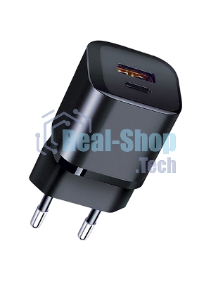 Сетевое зарядное устройство Qumo Energy PD 20W (Charger 0071), два порта: Type-C PD + USB-A QC3.0, черный