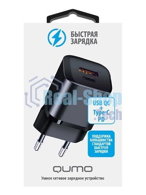 Сетевое зарядное устройство Qumo Energy PD 20W (Charger 0071), два порта: Type-C PD + USB-A QC3.0, черный
