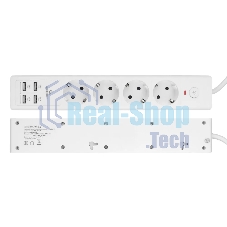 Сетевой фильтр Cablexpert Exnovo EXN-4-U4-W-2, 4 р, 16А, 4хUSB, 3.4A, 2 м, ур.защиты 4+, белый, коробка