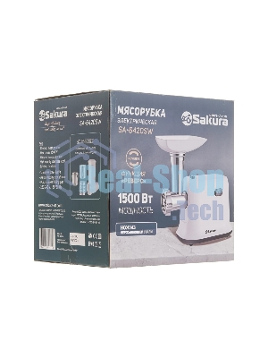 Мясорубка электрическая Sakura SA-6420SW белый, 1500 Вт, 1.4 кг/мин, реверс, защита от перегрузки, насадки - 4