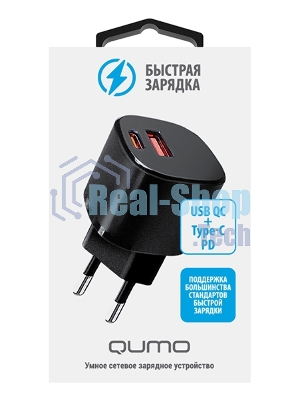 Сетевое зарядное устройство Qumo Energy GaN Mini PD 30W (Charger 0072), два порта: Type-C PD + USB-A QC3.0, черный