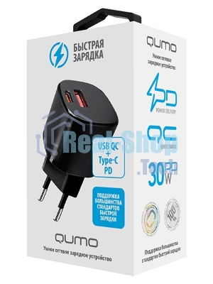 Сетевое зарядное устройство Qumo Energy GaN Mini PD 30W (Charger 0072), два порта: Type-C PD + USB-A QC3.0, черный