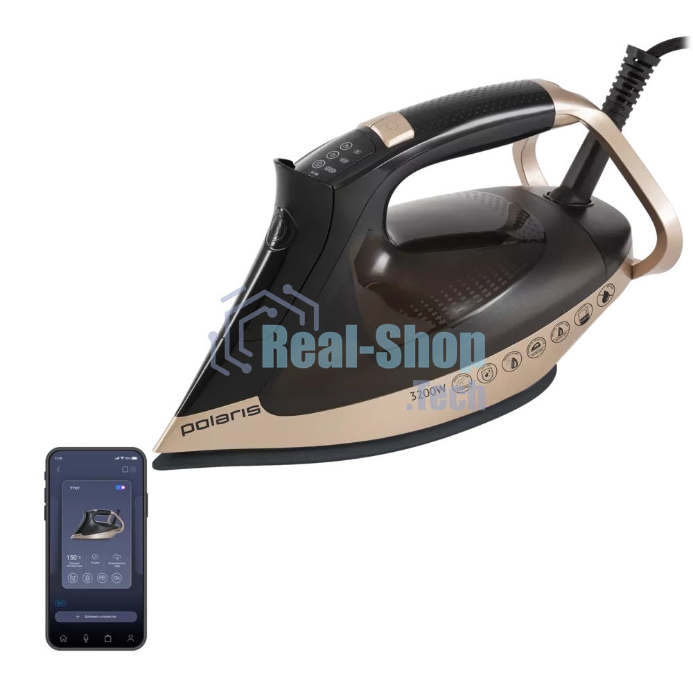 Утюг Polaris PIR-3225 AK WIFI IQ HOME черный/золотой, 3200 Вт, 120 г/мин, 270 г/мин, 450 мл