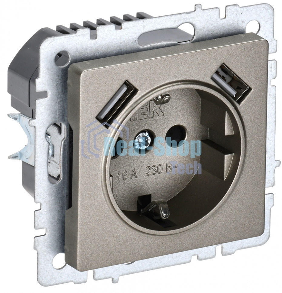 Розетка 1-местная IEK BRITE РЮш10-2-БрШ (BR-R14-16-U21-D31-K37) с заземлением, с защитными шторками, 16А, с USB A+A 5В 3,1А, шампань