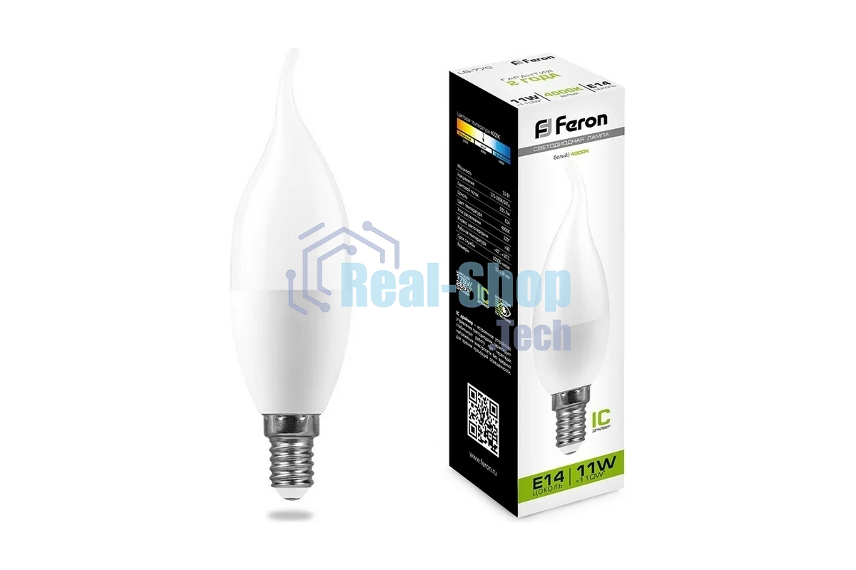 Лампа светодиодная Feron LB-770 11W 230V E14 4000K свеча на ветру