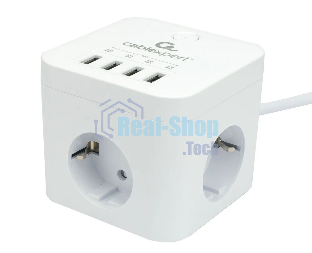Сетевой фильтр Cablexpert Cube CUBE-3-U4-W-1.5, 3 р, 10А, 4хUSB, 1.5 м, ур.защиты 4+, белый, коробка