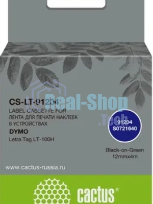 Картридж ленточный Cactus CS-LT-91204 черный шрифт, зеленый фон (12 мм, 4 м) для Dymo Letra Tag LT-100H