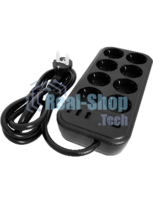 Сетевой фильтр Powercom SP-08 USB03AB 1,8 m 1.8м, 8 розеток, черный, коробка