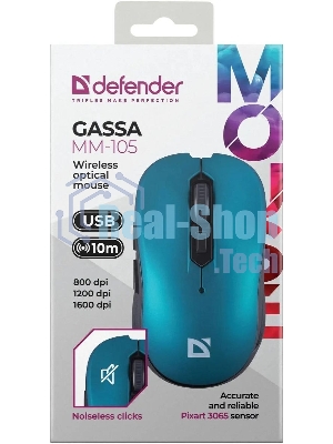 Мышь беспроводная Defender Gassa MM-105 бирюзовый, 1600 dpi, радиоканал, USB, кнопки - 6
