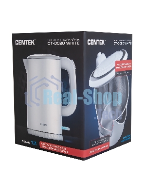 Электрочайник Centek CT-0020 белый, 1.7 л, 2200 Вт, скрытый нагревательный элемент