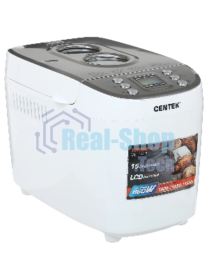 Хлебопечка Centek CT-1415 (бел/сталь) 1500 г БОЛЬШОЙ ОБЪЕМ, 860Вт, 15 программ, таймер, LCD, окошко
