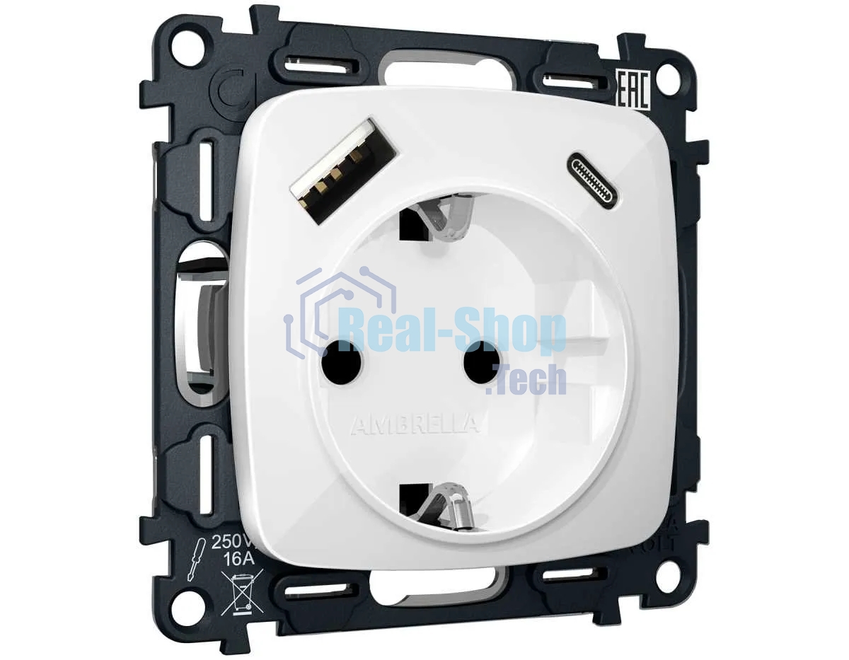Комплект механизма электрической розетки OMEGA Белый глянец 2USB A+C 20W (быстрая зарядка) с/з QUANT (OP1100, VM160) MO110010