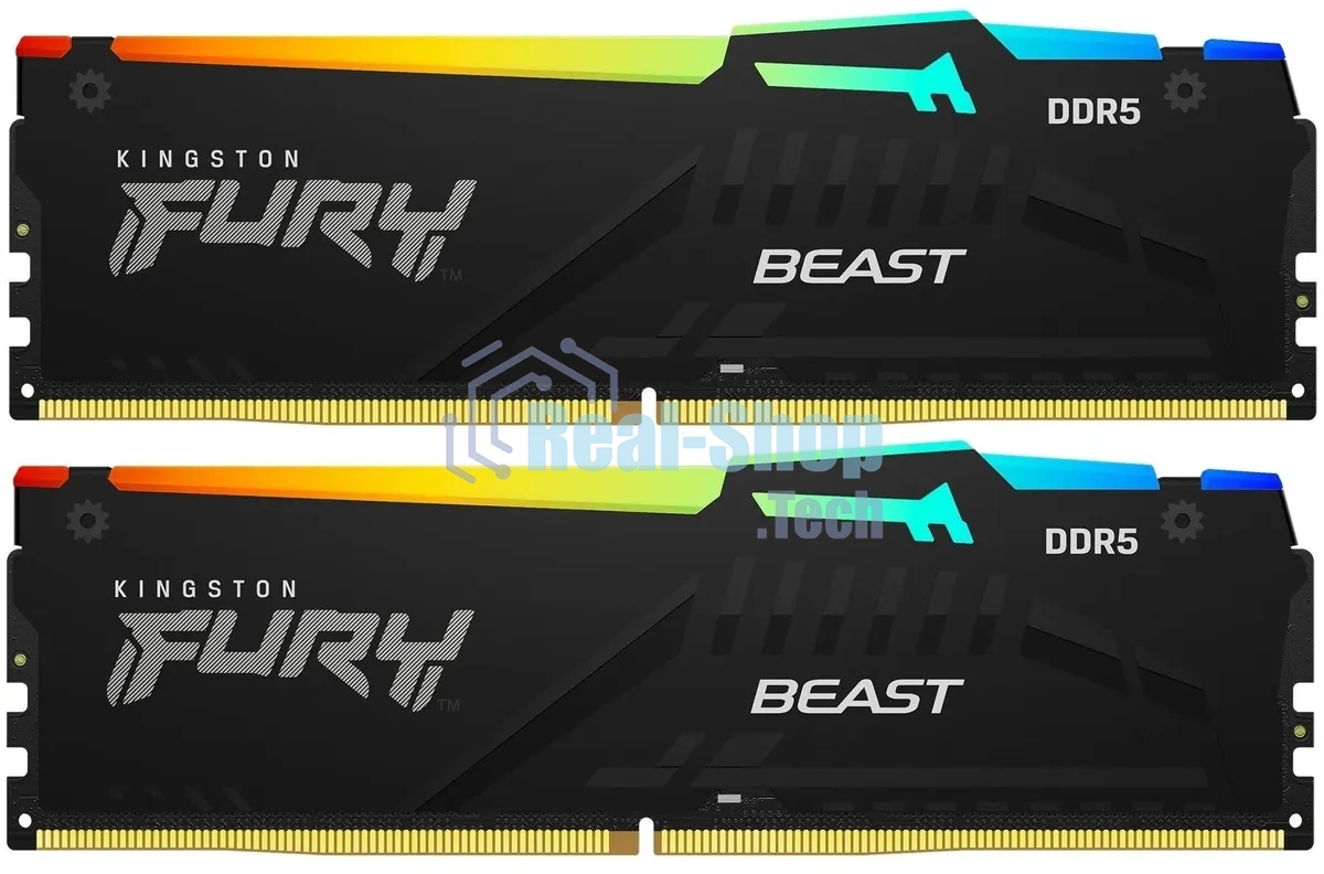 Оперативная память Kingston Fury Beast, DDR5, 16GB (2x8GB), 5200MHz, CL40, DIMM, с радиаторами, RGB, черный