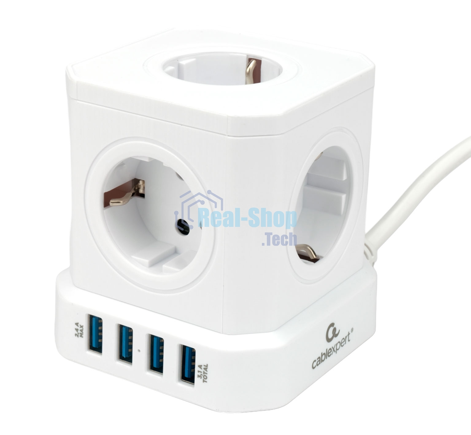Сетевой фильтр Cablexpert Tower TWR-5-U4-W-2, 5 р, 10А, 4хUSB, 3.1А, 2 м, ур.защиты 4+, белый, коробка