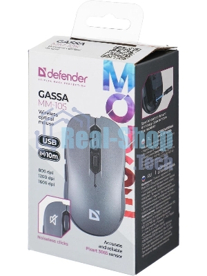 Мышь беспроводная Defender Gassa MM-105 серый, 1600 dpi, радиоканал, USB, кнопки - 6