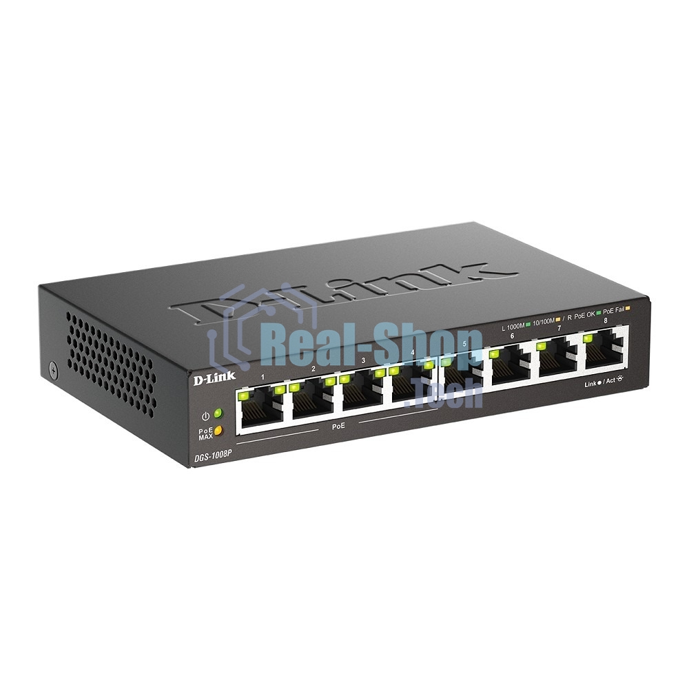 Коммутатор неуправляемый D-Link DGS-1008P/F3A с 8 портами 10/100/1000Base-T (4 порта PoE 802.3af/at, PoE-бюджет 60 Вт)