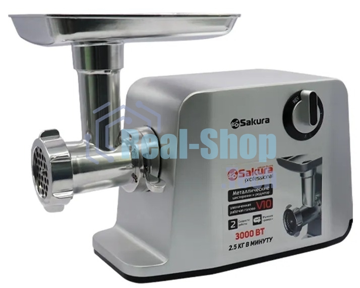 Мясорубка электрическая Sakura SA-6426 Professional серый, 3000 Вт, 2.5 кг/мин, реверс, защита от перегрузки, насадки - 5