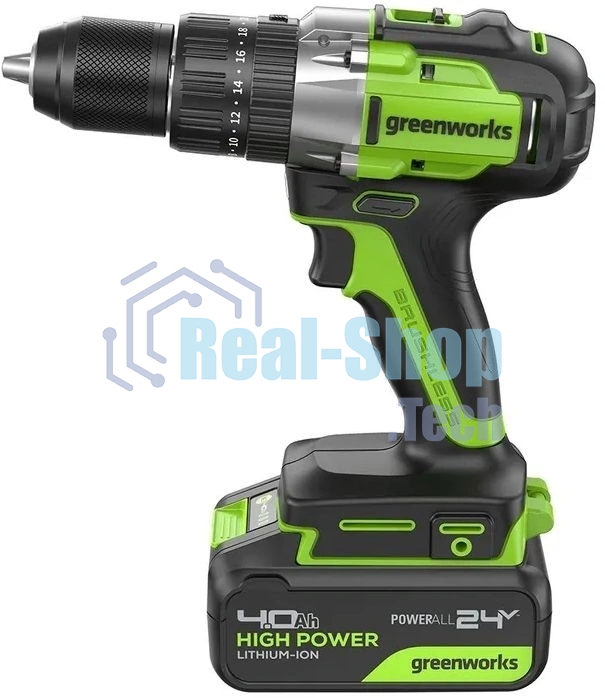 Дрель-шуруповерт GREENWORKS GD24DD60, 24 В, 0 Ач, 60 Нм, бесщеточный, ударный