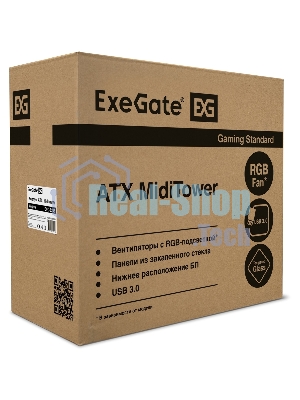 Компьютерный корпус Miditower ExeGate EVO-8243-NPX600 (ATX, БП 600NPX с вент 12 см, 2хUSB+1хUSB 3.0, черный, 3 вент. с RGb подсветкой, боковая панель - закаленное стекло)