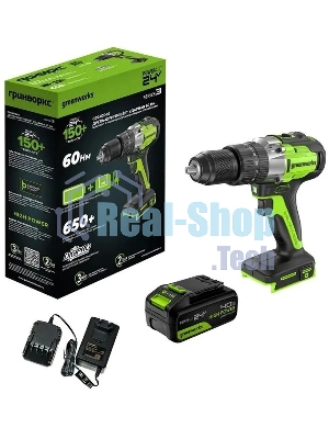 Дрель-шуруповерт GREENWORKS GD24DD60, 24 В, 0 Ач, 60 Нм, бесщеточный, ударный