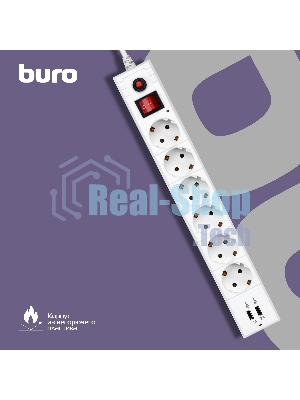 Сетевой фильтр Buro BU-SP3 USB 2A-W 3 м, 6 розеток, белый, коробка