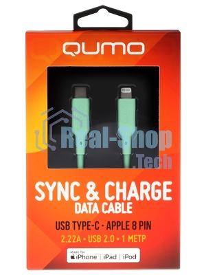 Кабель QUMO, MFI С94, Type-C на MFI Apple 8 pin, силиконовый, 1м, 2,22A, 9V, 20W, PD (зеленый)