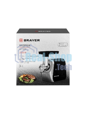 Мясорубка электрическая BRAYER BR1608 черный, 2000 Вт, 2.0 кг/мин, реверс, насадки - 8