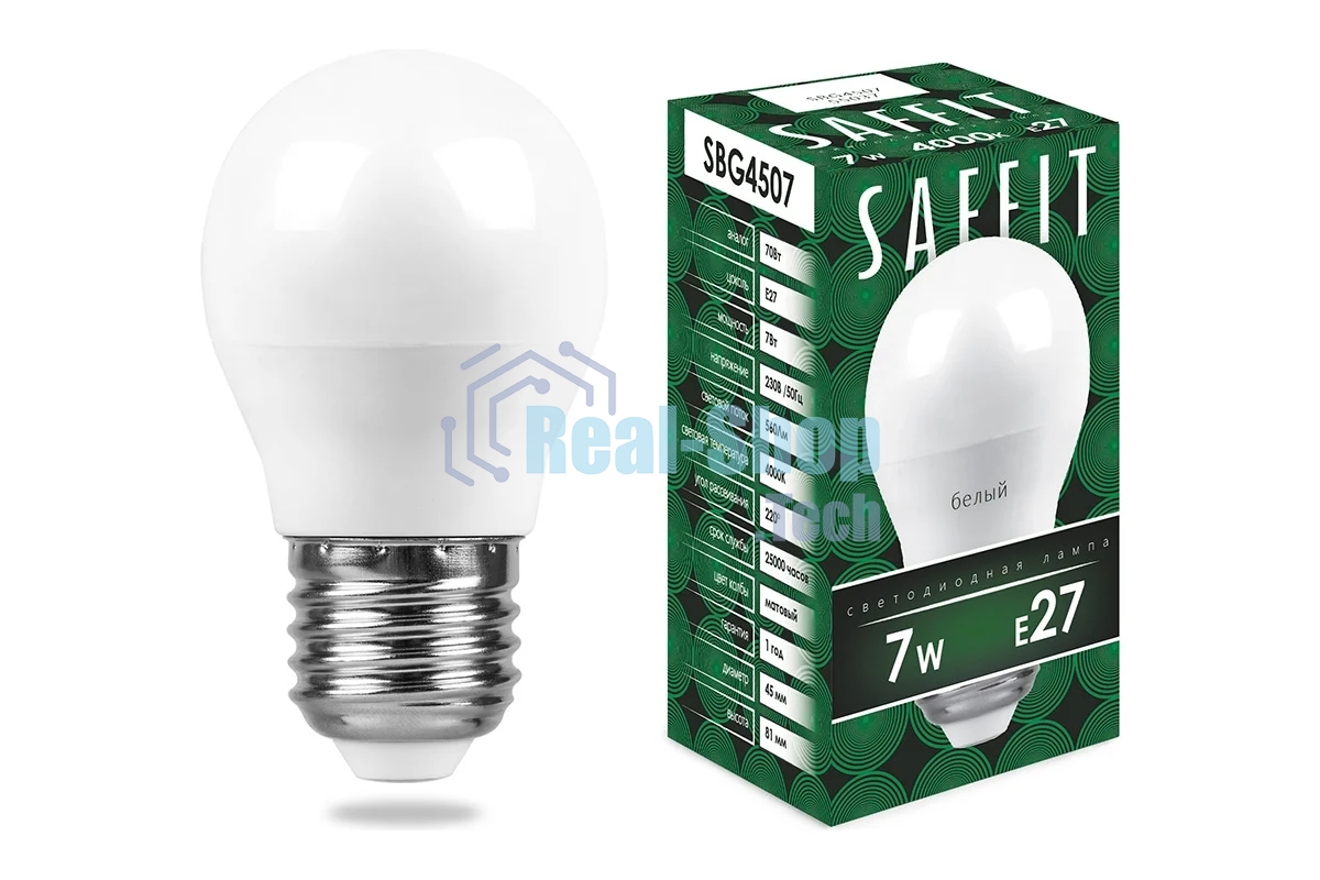 Лампа светодиодная SAFFIT SBG4507 (55037) 7Вт Е27 белый матовый шар