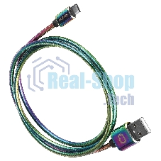 Кабель Qumo, USB 2.0-Type C, 1м, 5/9/12В, 5A, 22.5Вт (Huawei FCP и SCP), опл. металл. пружинка, кон. металл, rainbow