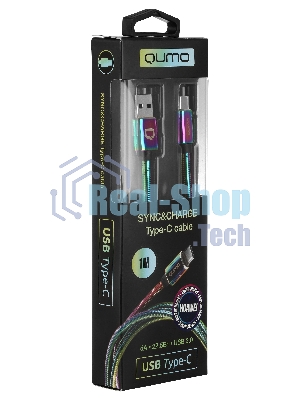 Кабель Qumo, USB 2.0-Type C, 1м, 5/9/12В, 5A, 22.5Вт (Huawei FCP и SCP), опл. металл. пружинка, кон. металл, rainbow