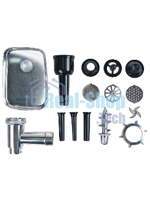 Мясорубка электрическая OASIS MG-DM1 серый, 2500 Вт, 1.5 кг/мин, реверс, защита от перегрузки, металлический лоток, насадки - 8