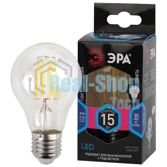 Лампа светодиодная ЭРА F-LED A60-15W-840-E27 Е27/Е27 15Вт филамент груша нейтральный белый свет