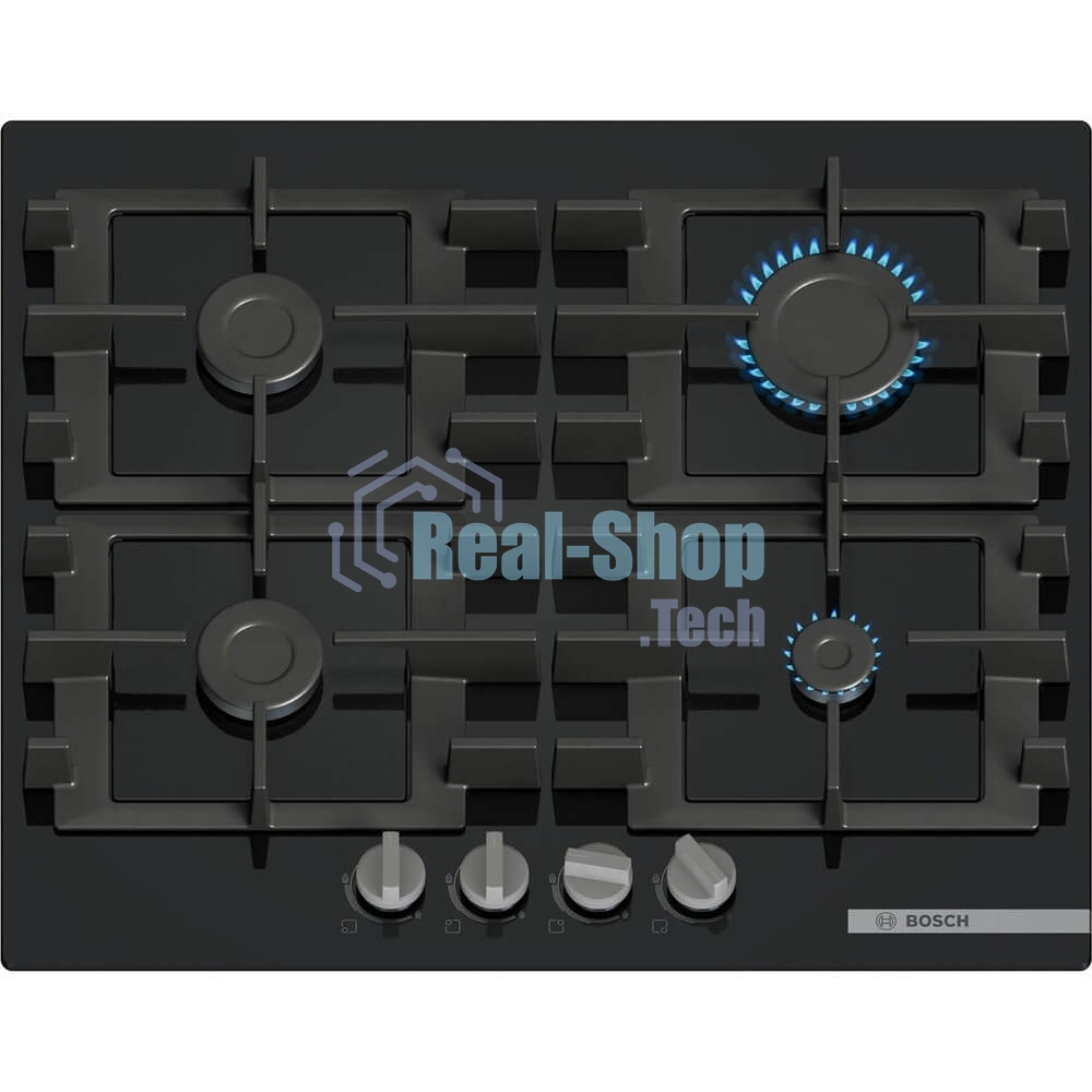 Поверхность газовая Bosch PNP6B6K40 Газ, 4.5х59x52 см, закаленное стекло, 4 конфорки, газ-контроль, автоподжиг, черный