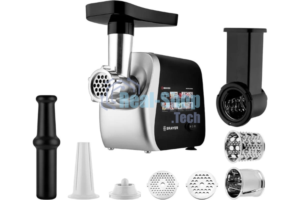 Мясорубка электрическая BRAYER BR1608 черный, 2000 Вт, 2.0 кг/мин, реверс, насадки - 8