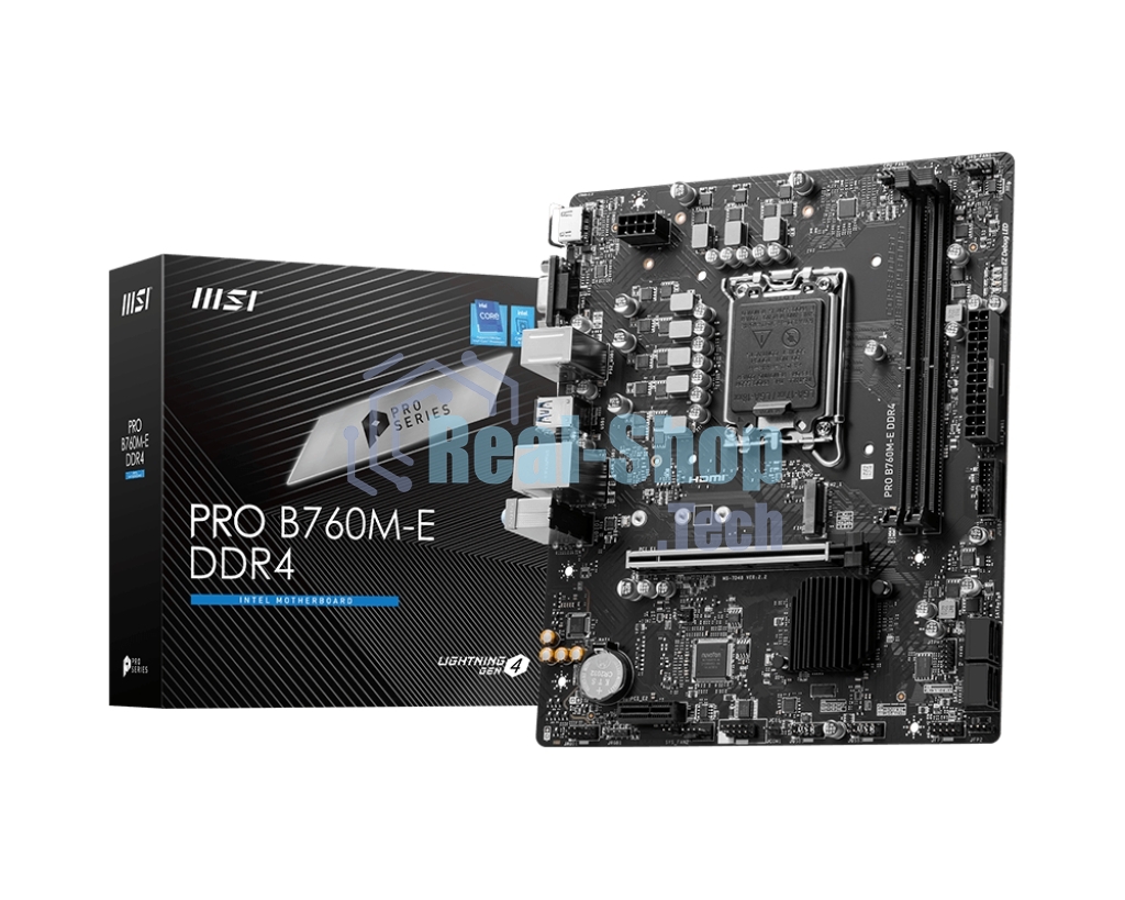 Материнская плата MSI PRO B760M-E DDR4, LGA 1700, Intel B760, 2xDDR4, 4xSATA, 1xM.2, 1xPCIe 4.0 x16, 1xPCIe 4.0 x1, 1xHDMI, 1xVGA, 1x1Gb LAN, 2xUSB-A 3.2 Gen 1, 4xUSB-A 2.0, 3x3.5 мм, 7.1, mATX