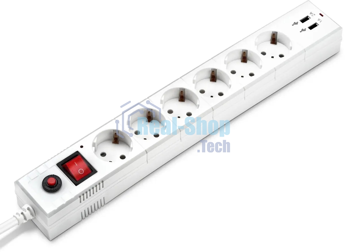 Удлинитель с сетевым фильтром Buro 6х5 м с заземл. 10А IP20 BU-SP5 USB 2A-W CCA белый