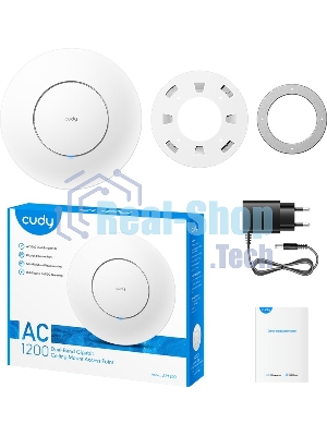 Точка доступа Cudy AC1200 Dual Band Gigabit Ceiling Mount Access Point, MT7621DAN+MT7613B+MT7603E, 867Mbps at 5GHz + 300Mbps at 2.4GHz, 1 x GbE RJ45 Port, Support 12V DC or 802.3af PoE or Passive PoE, Internal Antennas, 48V passive PoE adapter included, Cudy Mesh Support