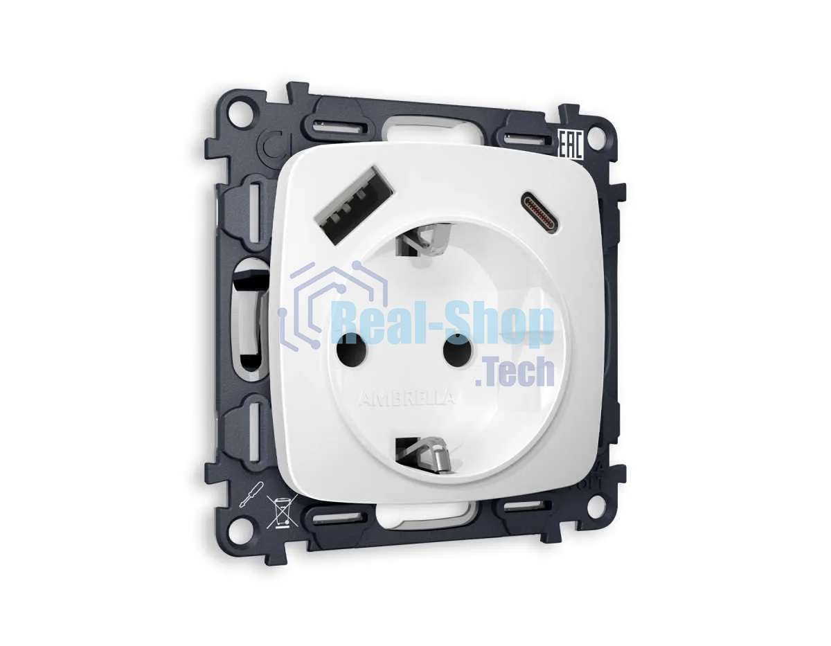 Комплект механизма электрической розетки OMEGA Белый матовый 2USB A+C 20W (быстрая зарядка) с/з QUANT (OP1300, VM160) MO130010